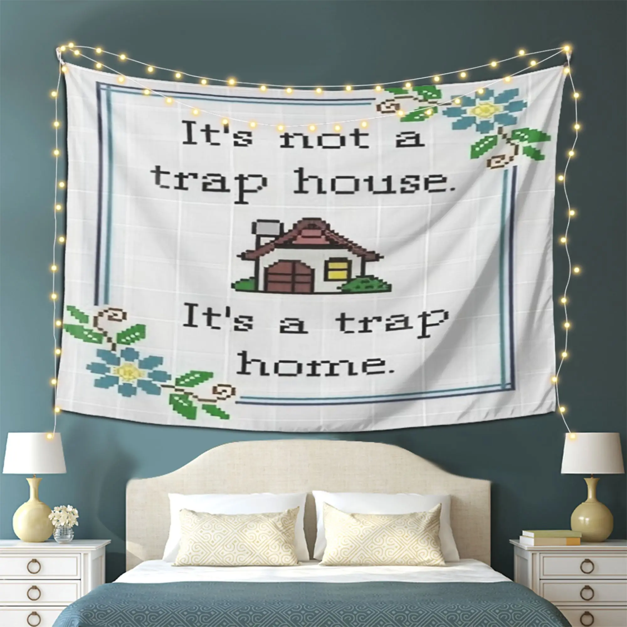 VIKAMA Funny Meme Tapestry, It's a Trap Home Cross Stitch Wall Hanging, Sarcastic Decor for Dorm Bedroom Living Room