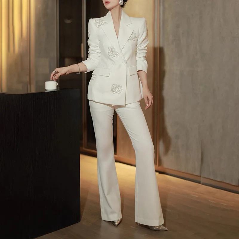 Two-piece set - 2026 new model heavy-duty sequin-dazzled one-button V-neck suit jacket + high-waist trousers