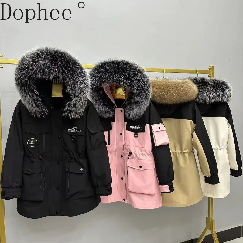 Fashion Korea Women Warm Parkas All-match Colorblock Fur Collar Hooded Cardigans Coat Detachable Rabbit Hair Liner Overcoat