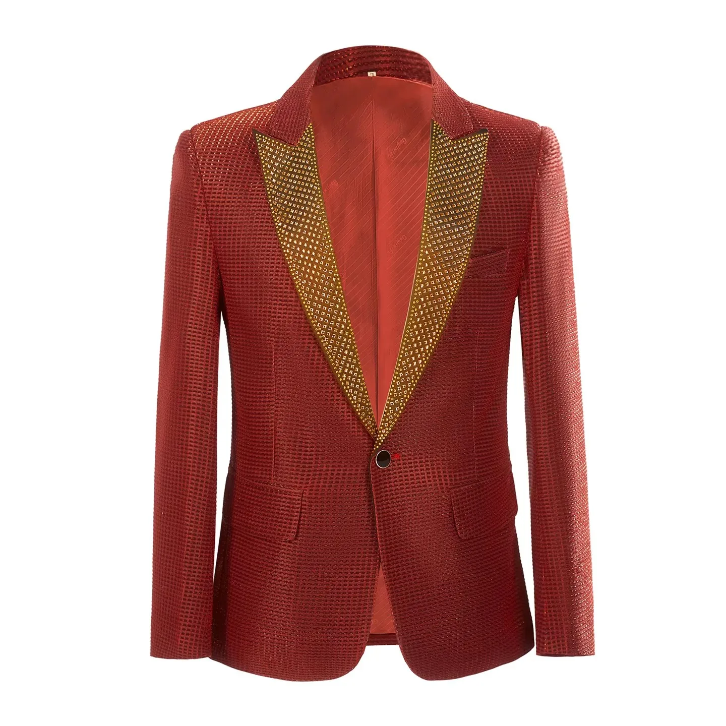 남성 슬림 캐주얼 레드 라인스톤 투피스 세트 신랑 예복 스타일리시 블레이저와 바지 콤보 무대 공연복