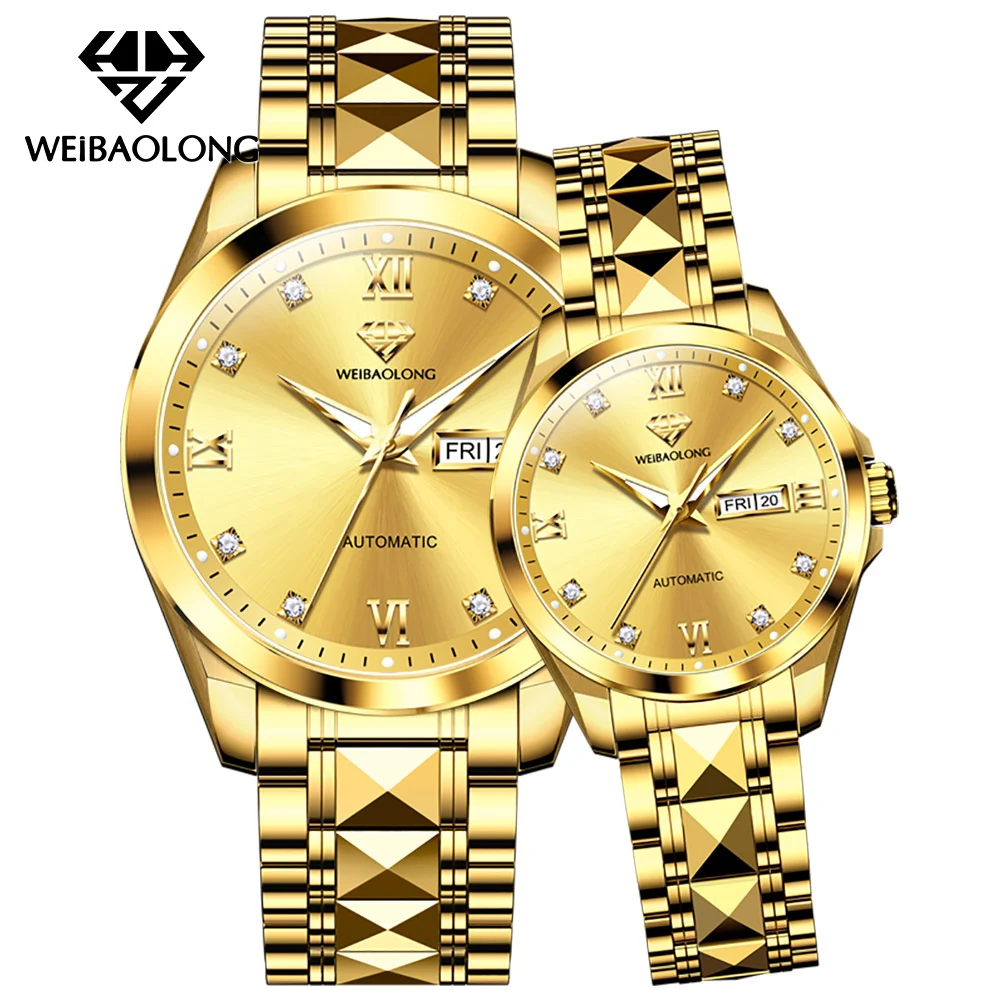 WEIBAOLONG 3803 ساعة الزوجين الماس الحقيقي المستوردة التلقائي ساعات الحركة الميكانيكية للرجال النساء تاريخ السيارات مقاوم للماء