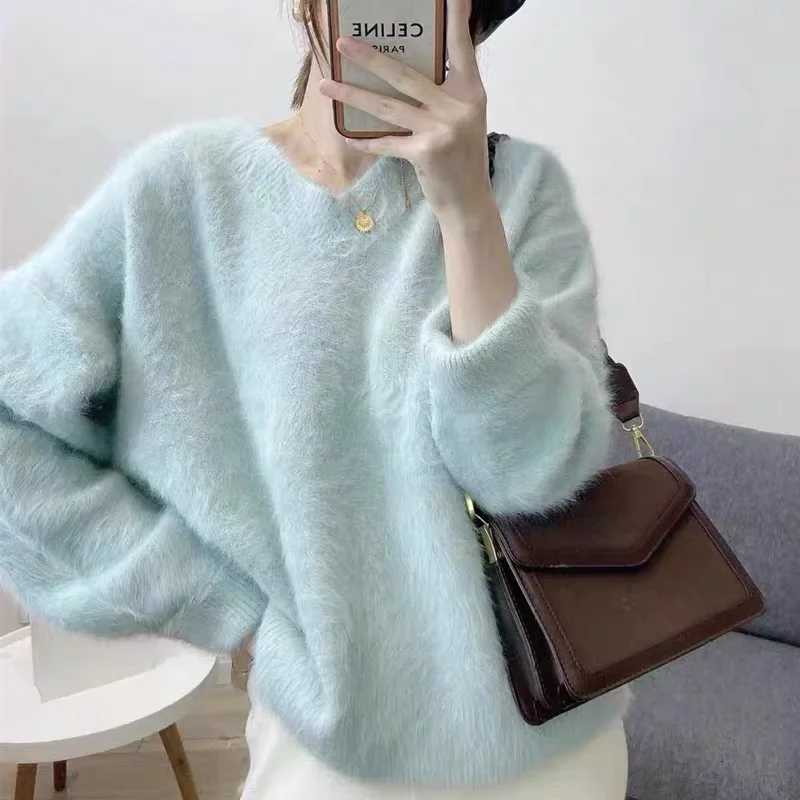 Lazy Style Yellow Soft Mohair Knitted Loose Sweaters Tops New Fall Winter Women Long Sleeve V Neck Thick Warm Oversize Pullovers