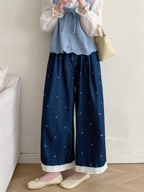 

Fre Floral Embroidery Lace Splicing Denim Pants Spring New Sle Versatile Floral Print hine Embroidery l Waist La...