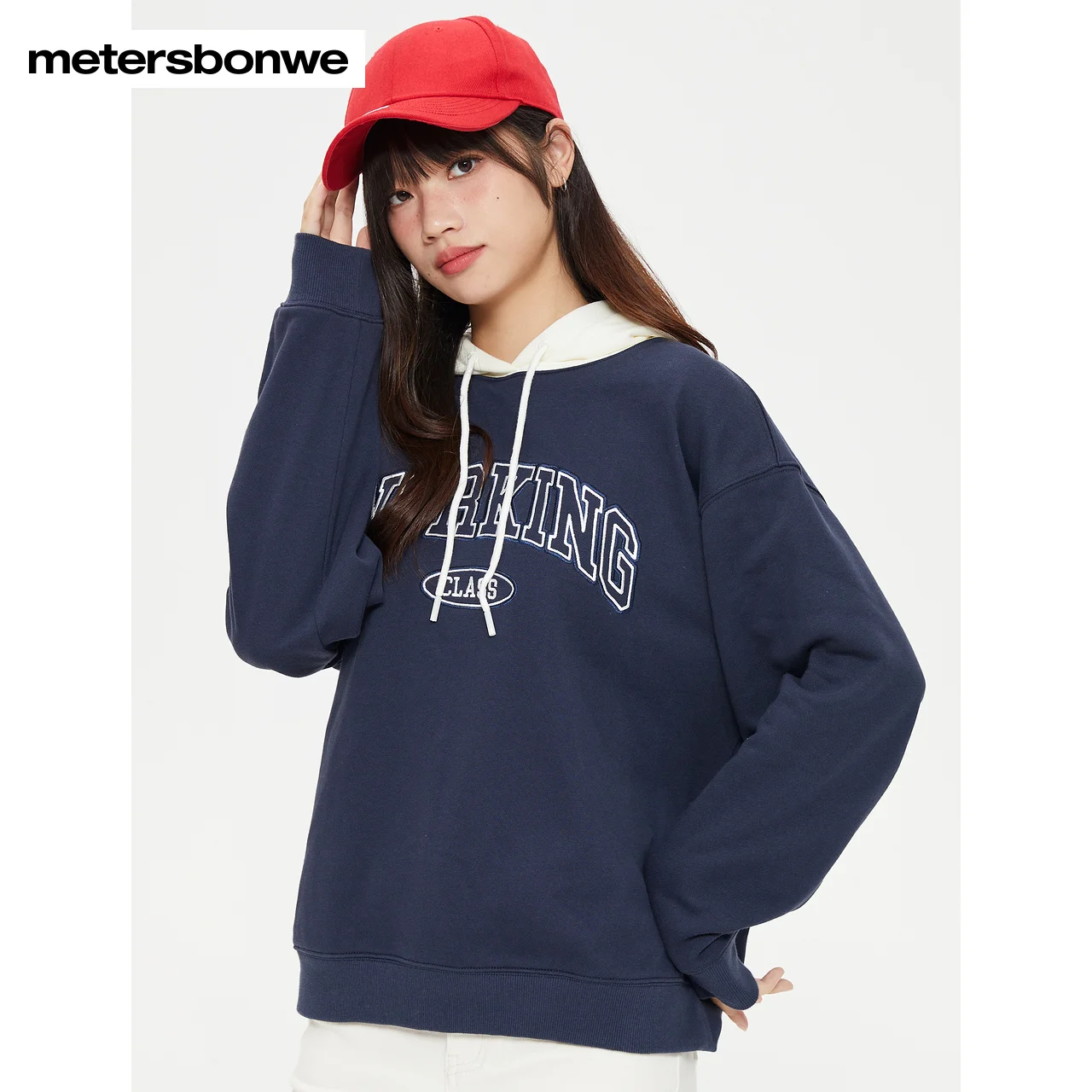 Metersbonwe-Women's Knit Pullover  Drop-Shoulder Loose Color Clash Hooded Jumper Campus Student Youth Spring Autumn