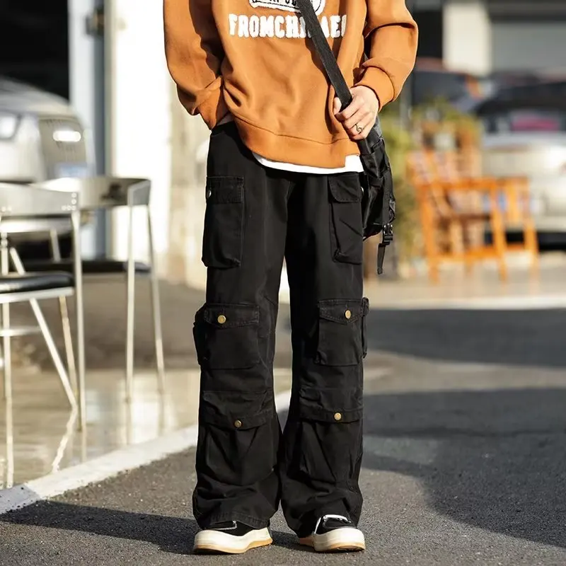 

Men's Multi-pockets Cargo Pants 2023 Autumn Vintage Solid Color Hiphop Overalls Baggy Casual High Street Mopping Trousers