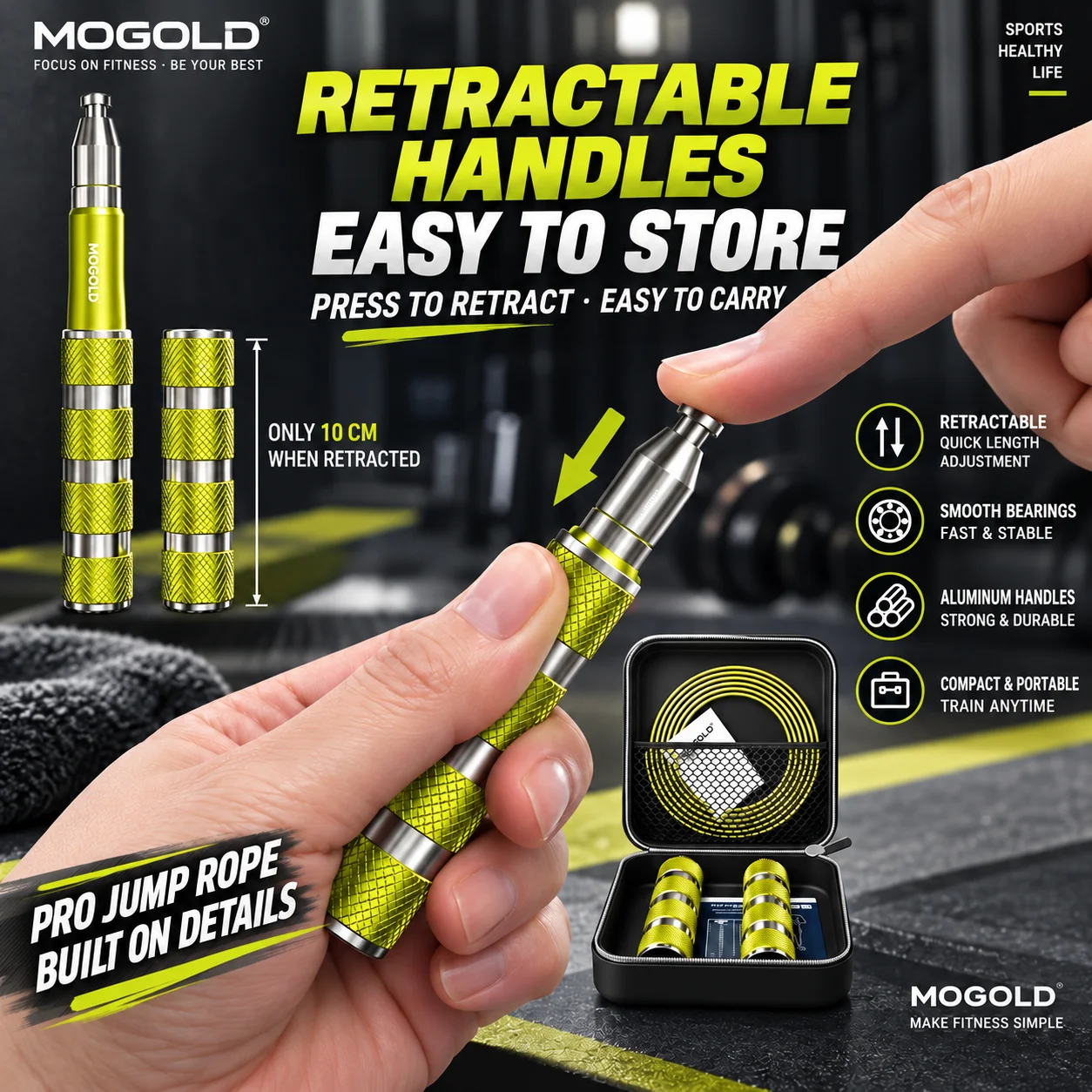 MOGOLD Retractable Jump Rope, 2-in-1 Adjustable Aluminum Skipping Rope with Dual Bearings, Non-Slip Knurled Handles & Portable C