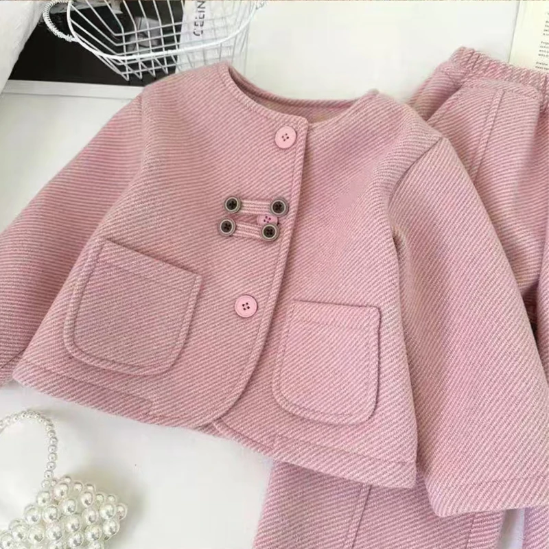 Mädchen Grauer Wollmantel mit Hornknöpfen + Hose 2-teiliges Set Kinderoutfit Herbst Winter Kleidung 80-130 – Detail 4