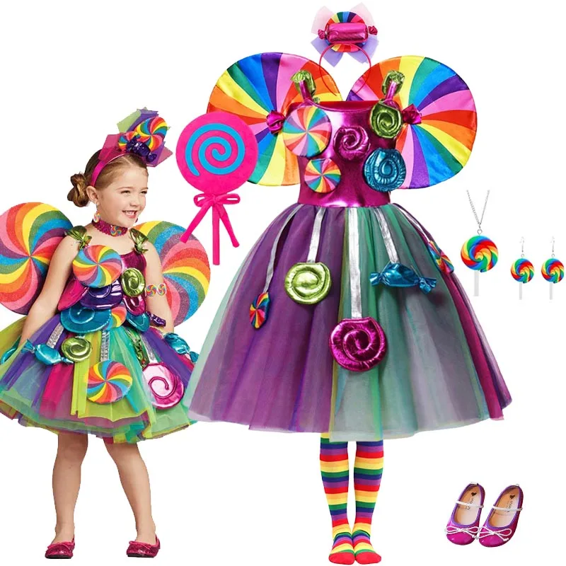 Girls Rainbow Lollipop Costume Princess Dress Purim Festival Candy Vestido Fancy Carnival Birthday Children Fantasy Wings Outfit