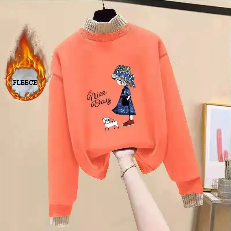 Girls Winter Sweatshirt Thicken Fleece Pullover Tops Fashion Kids Casual Outerwear Teen Lovely Print Underwear Children Clothes