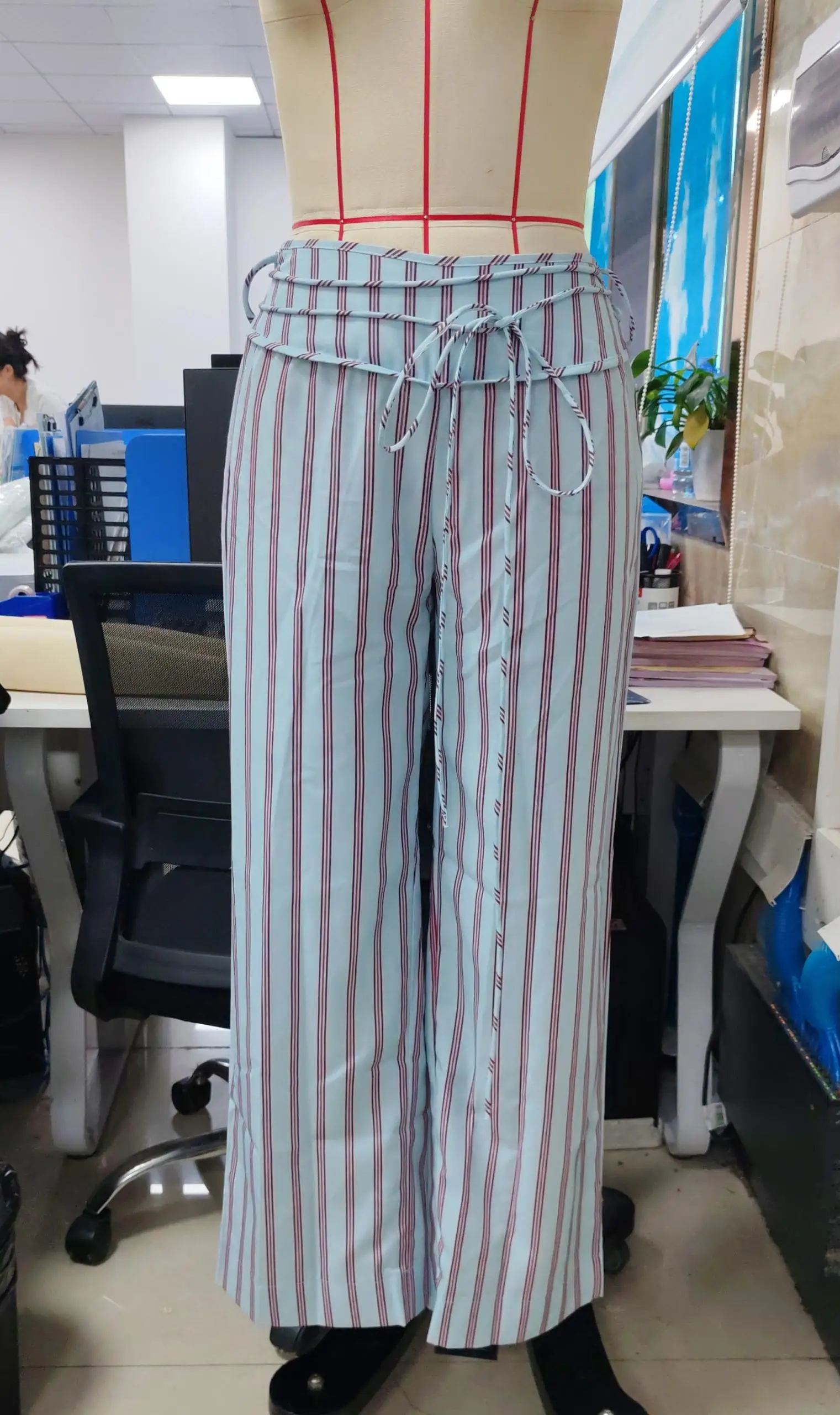 Women Casual Long Pants Loose Striped/Solid Mid Rise Wide Leg Trousers for Daily Outdoor