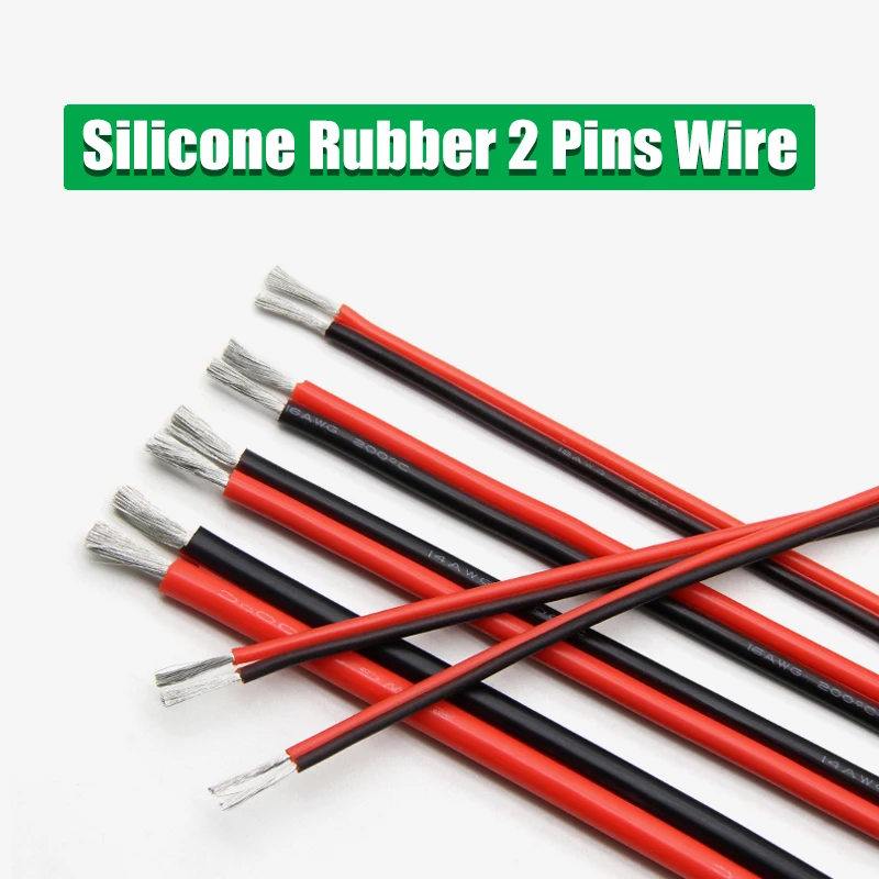 1/2/5M Copper Wire Silicone Rubber Cable Soft 30 28 26 24 22 20 18 16 14 12 10 8 AWG 2Pins Flexible DIY LED Connector Black Red