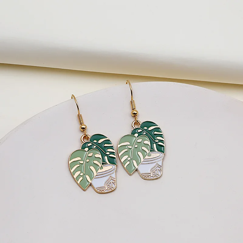 Yungqi Cartoon Pot Plant Earrings Enamel Leaf Pot Dangle Earrings Garden Charm Pendant Earrings for Fashion Women Girl Jewelry
