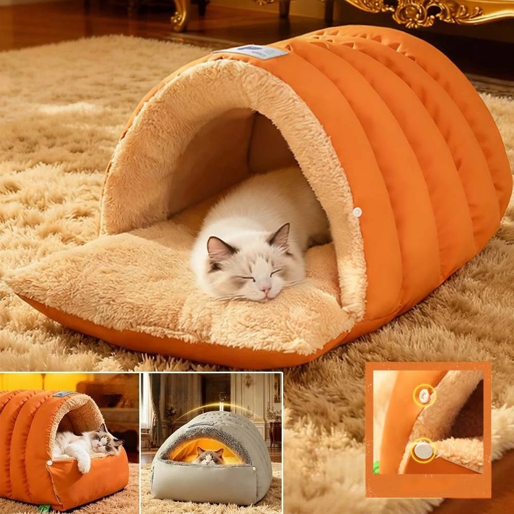 

1PC Thickened Winter Warm Semi-Enclosed Cat Bed Fluffy Velvet Cave Nest Dual-Mode Button Design for Indoor Kittens Puppies Gatos