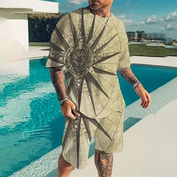 New Mens T Shirt Two Piece Vintage 3D Sun Printed T Shirt Shorts Summer Casual Oversized Quick Dry Mens Suit Party Clothing