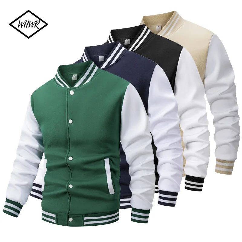 

Новинка 2025 года, бейсбольные куртки, модные качественные лоскутные цветные пуговицы, спортивное пальто с кожаными рукавами, мужские флисовые бейсбольные куртки, пальто