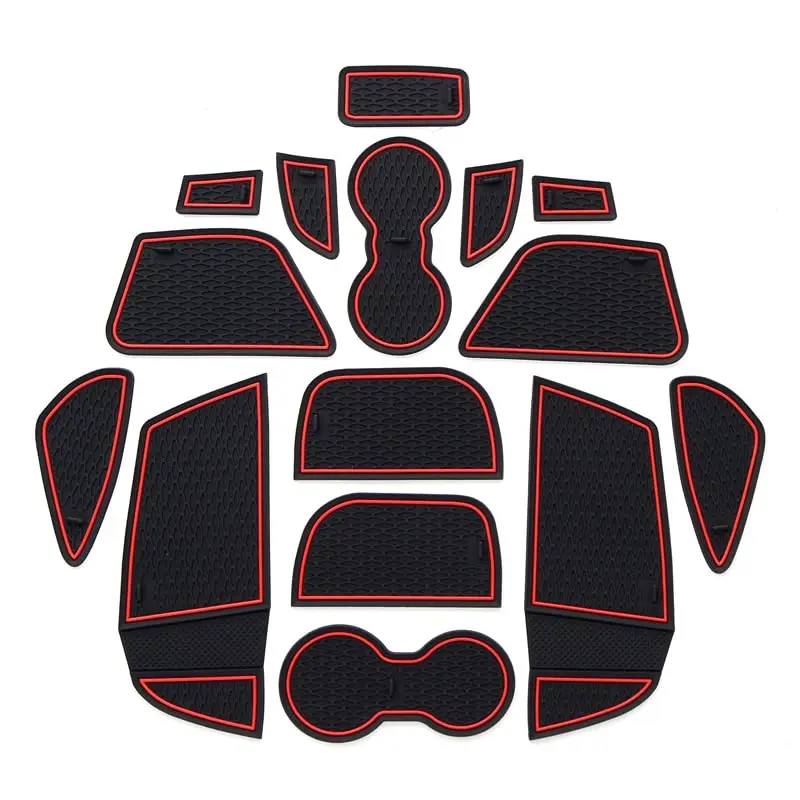 

15-Piece Black And Red Non-Slip Rubber Interior Door Slot Mats Kit For Car Cup Holder And Groove Liners