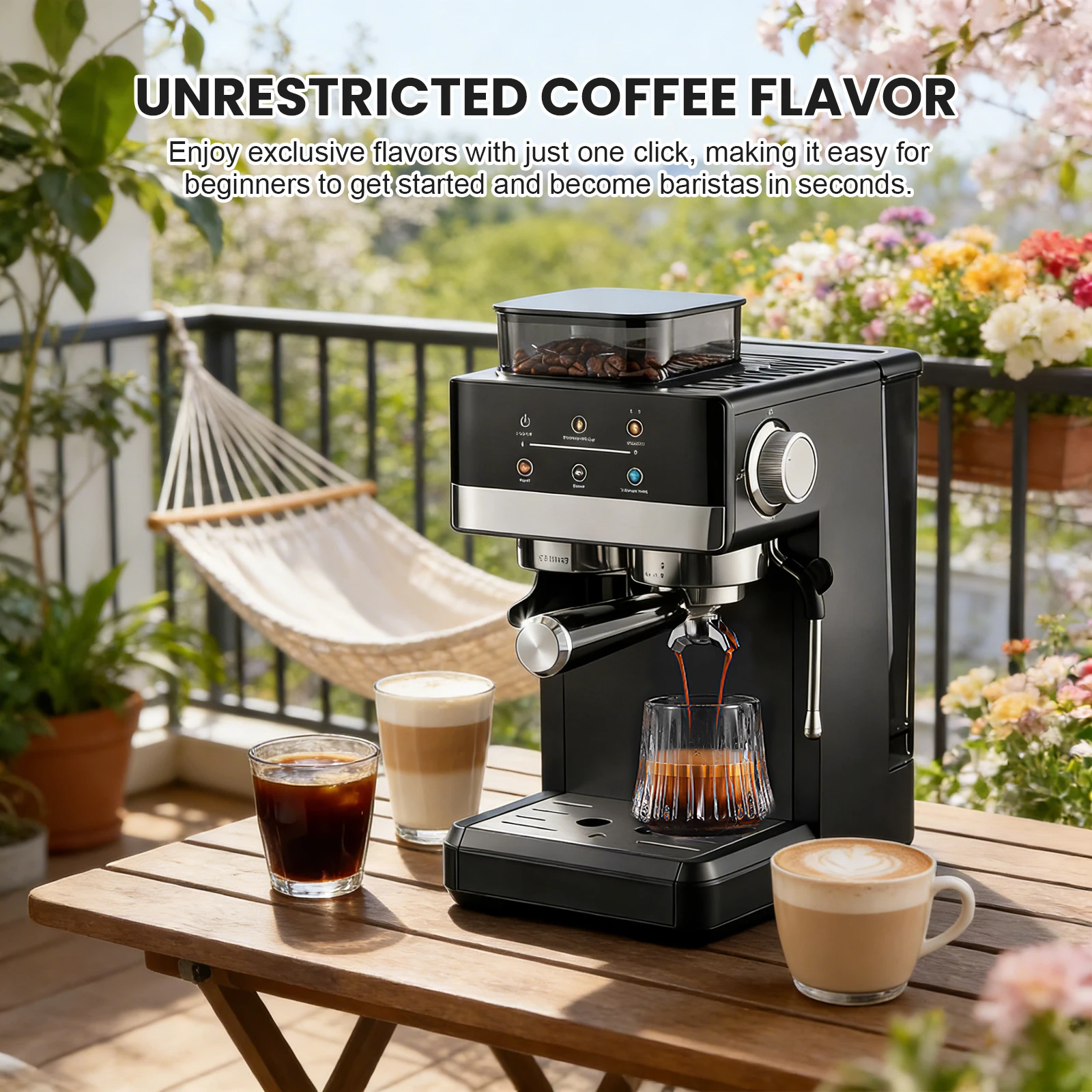 Matte Schwarze Smart Espresso-Kaffeemaschine mit Mahlwerk, Touchscreen und Vorinfusion 360 °   Dampfwand Cold Brew