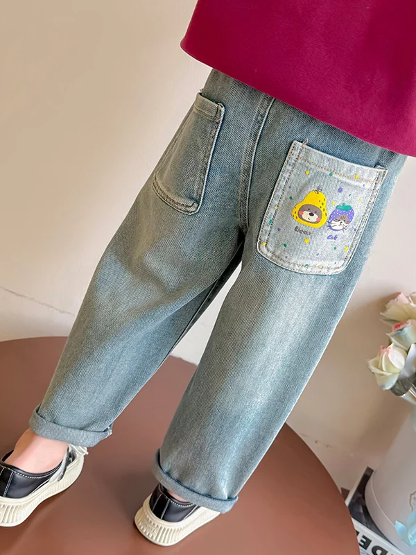 Pantalons en jean imprimés de dessins animés pour filles, nouveaux pantalons décontractés à la mode pour enfants, pantalons longs amples à taille haute pour bébé