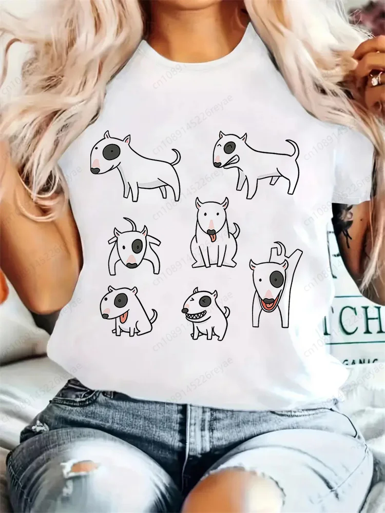 レディースTシャツ ブルテリアプリント クルーネックTシャツ ヴィンテージTシャツ 女性用Tシャツ Y2Kトップ 半袖トップ カジュアルTシャツ