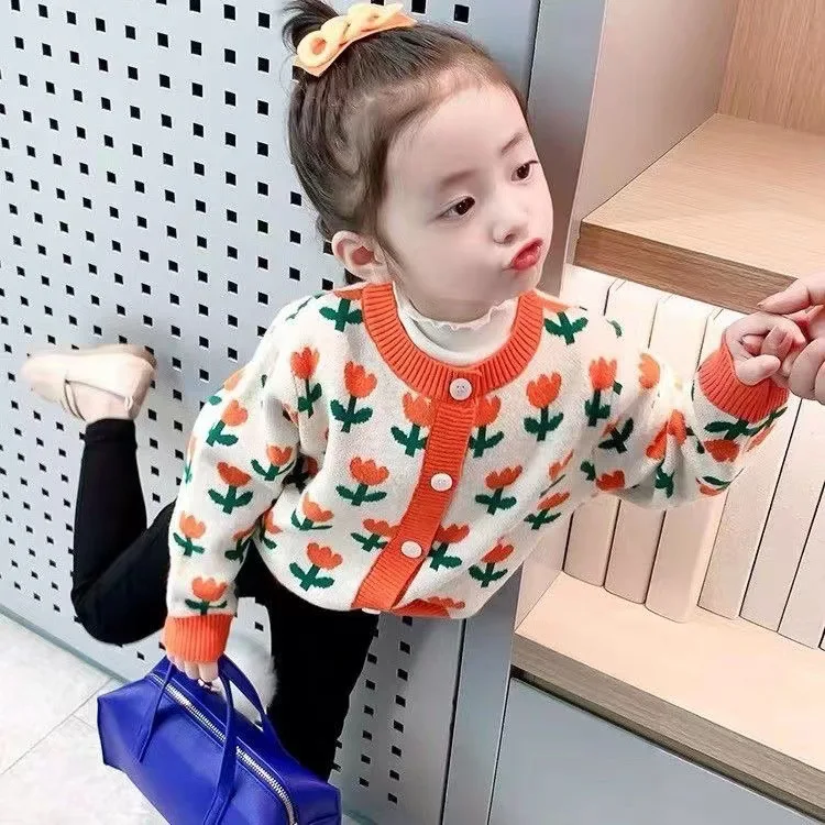 Baby Girl Autumn Knitted Cardigan Cotton Tulip All Printed Infant Girl Sweater Coat Velvet Long Sleeve Toddler Girl Outwear Coat