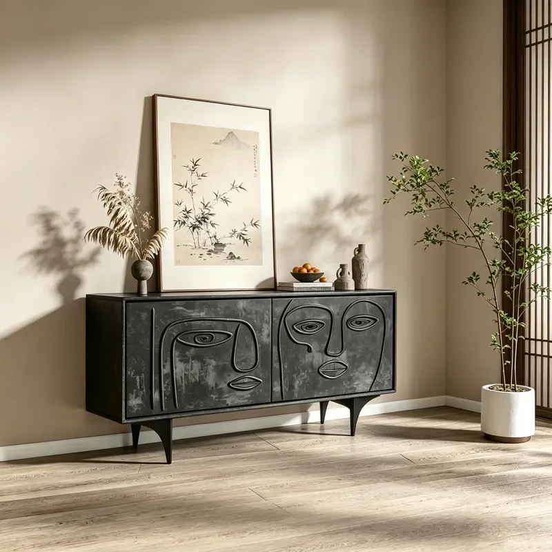 Medieval Art Abstract Face Relief Entrance Cabinet Large Capacity Storage Locker Dining Room Sideboard Household Furniture