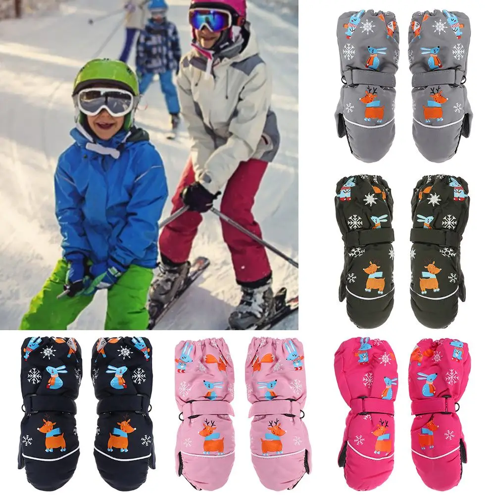 Boys Girls Winter Print Cartoon Deer Rabbit Waterproof Windproof Long-sleeved Mittens Thick Warm Children Ski Gloves
