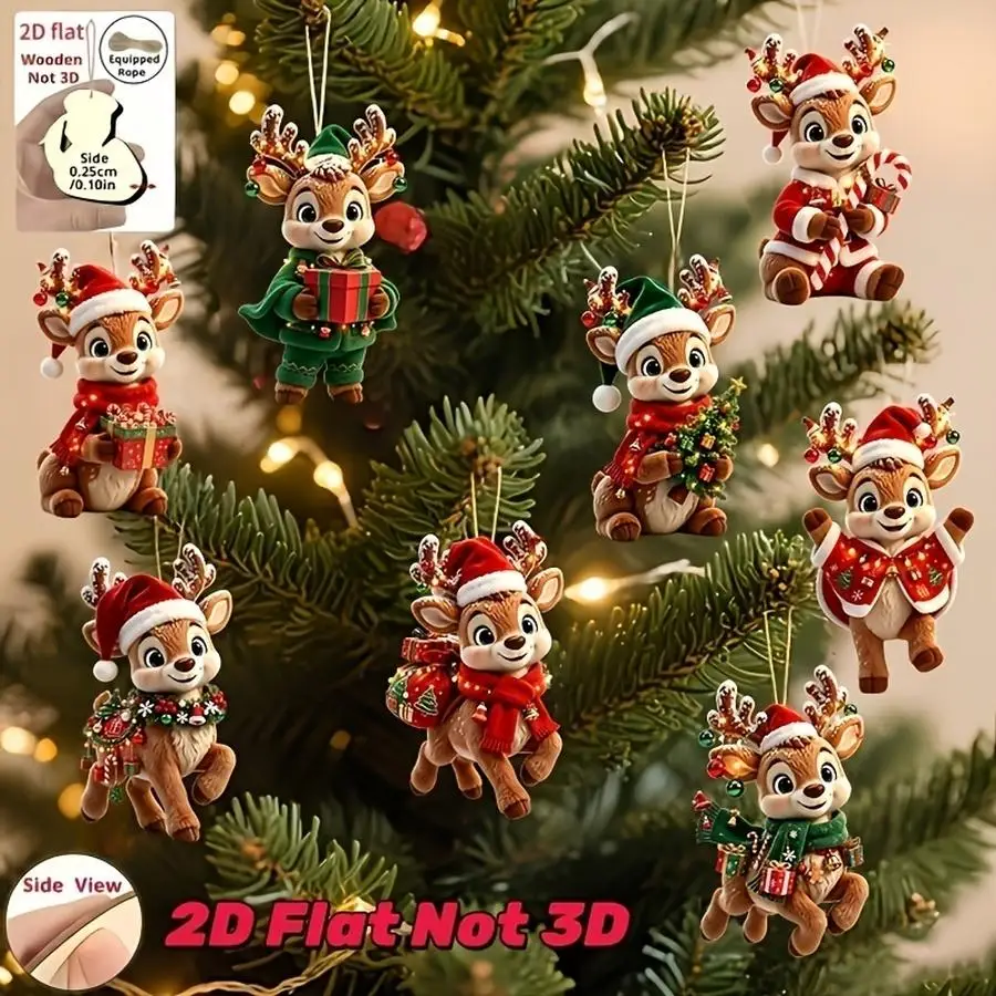 1/5/10/20/50/100pcs 8-Piece 2D Flat Christmas Ornament Set, Cute Wooden Reindeer Christmas Ornaments, Christmas Tree Hangings, H