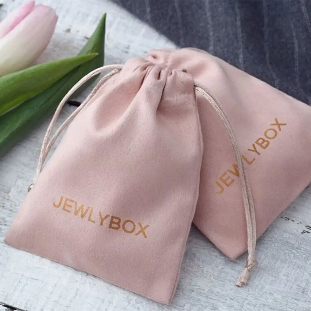 

100Pcs Lovely Custom Logo Jewelry Drawstring Flannel Bag Chic Velvet Gift Packaging Pouch Wedding Favor Pink Suede Cosmetic Sack