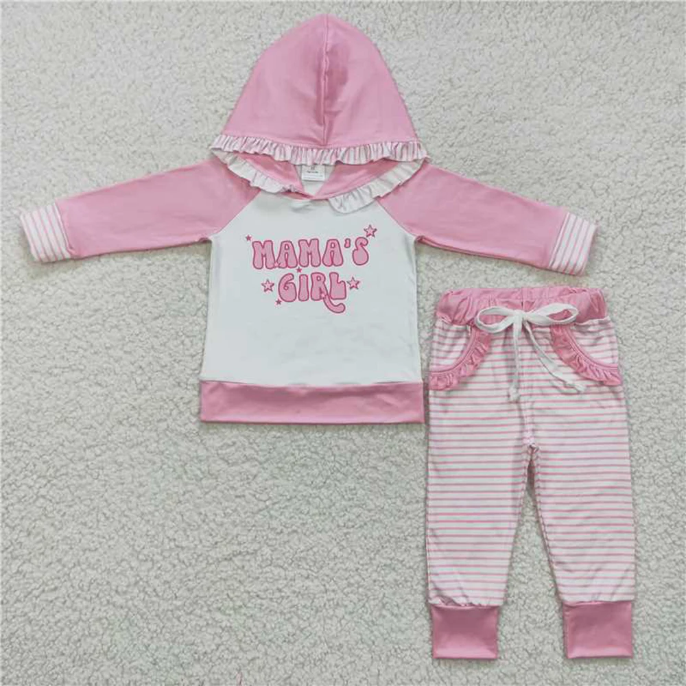 

Wholesale Children's Clothing Hot Sale Baby Girls Boutiuqe Kids Letter pink and white striped hooded long-sleeved pantsuit