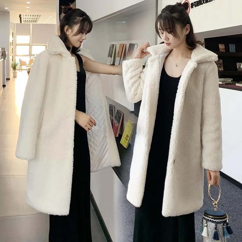 Winter new sheep shearing coat women Korean version loose high-necked granular imitation wool fur medium and long thickened coat