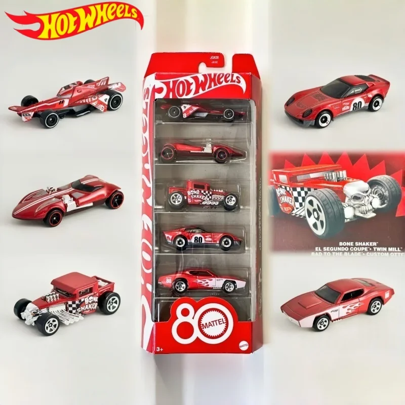 

New Hot Wheels Car Model Mattel 80th Anniversary 5pcs Car Package 1/64 Red Commemorative Collection Alloy Car Model Toy Gift