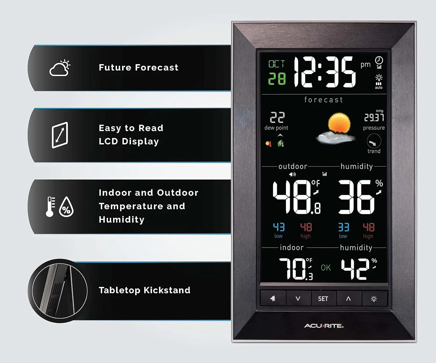 Digital Vertical Weather Forecaster with Indoor/Outdoor Temperature, Humidity, and Date and Time (01121M) , BLACK