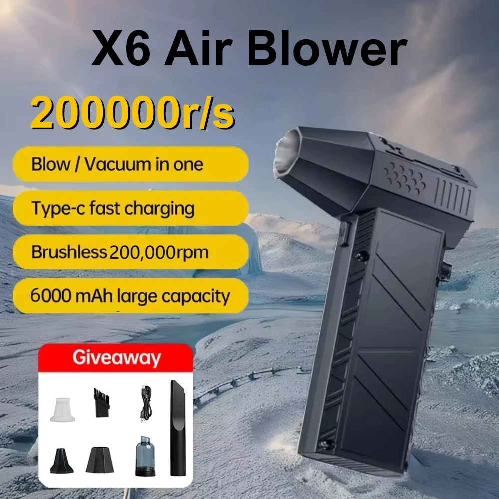 X6 Powerful Turbo Fan 200000RPM Wind Speed 53m/s Wireless Portable Car Vacuum Cleaner Kit Brushless Rechargeable Mini Air Blower