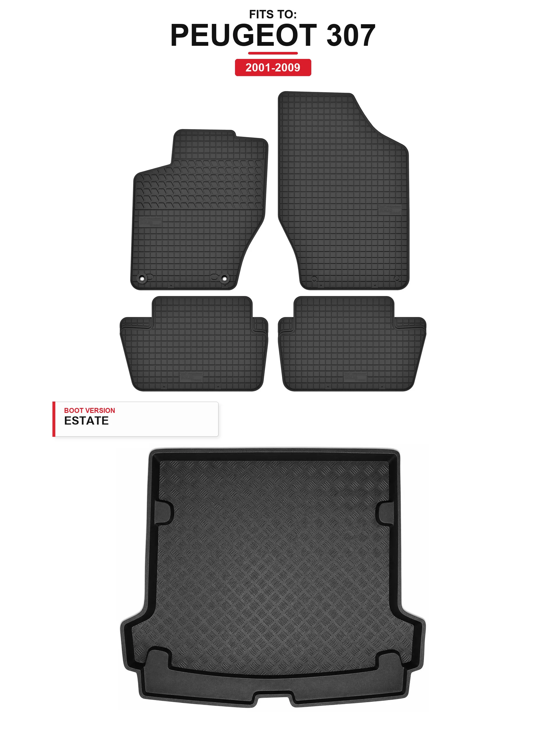 Image of Solidtread Gummi-Fußmatten + Kofferraummatte für: Peugeot 307 2001-2009 5-Türer.