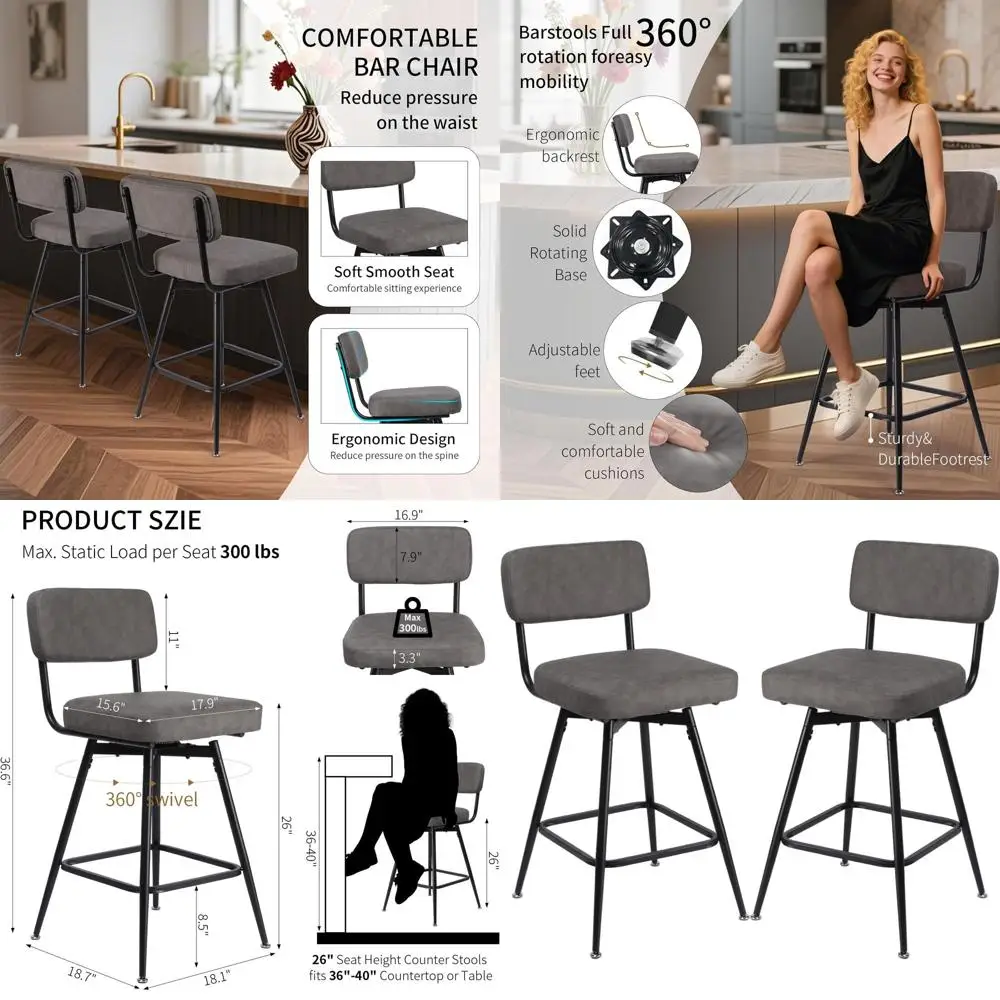 Sepasang Kursi Bar Putar Kulit Imitasi Abu-abu & Hitam dengan Sandaran, Kaki Logam, Tinggi Dudukan 26 inci untuk Pulau Dapur dan Bar Rumah