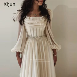 Xijun-vestidos de gasa de manga larga para mujer, vestidos de graduación plisados con cuentas de cristal, vestidos de fiesta formales elegantes, vestido de noche de Dubái