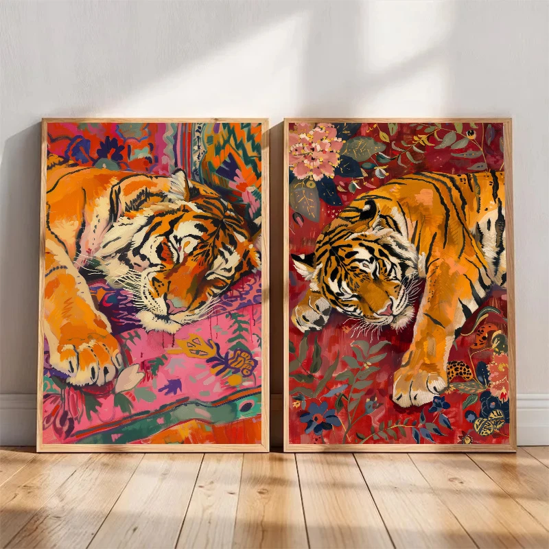 Maximalistische Tier-Wandkunst Schlafender Tiger Blumen-Poster Wildlife-Druck Leinwandgemälde Boho Wanddekoration Cuadros