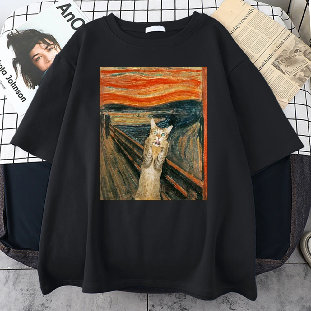 The Scream Art Style Retort Cat Printing Mens T-Shirts Fashion S-Xxxl Tshirt Simplicity Casual Tee Shirts Cool Loose Men's Tops