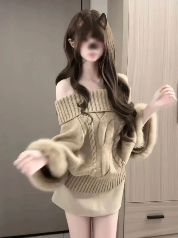 

Ретро-свитер на одно плечо, уникальный и красивый, свободного кроя, модный, очаровательный топ для миниатюрных фигур, зима 2026, женская вязаная одежда