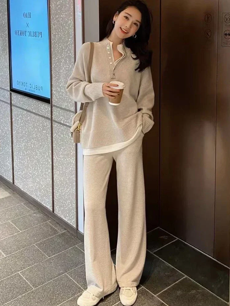 Women Knitted Sweater Sexy Two Piece Sets 2023 New Autumn Winter Warm Casual Long Sleeve Pullovers Wide Leg Pants Ladies Suits