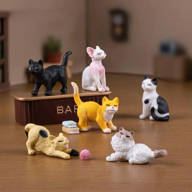6Pcs/Set Cute Cat Figures Animal Model Simulated Kitten Ornament Mini Cat Ornament Miniature Fairy Garden Decor Accessories