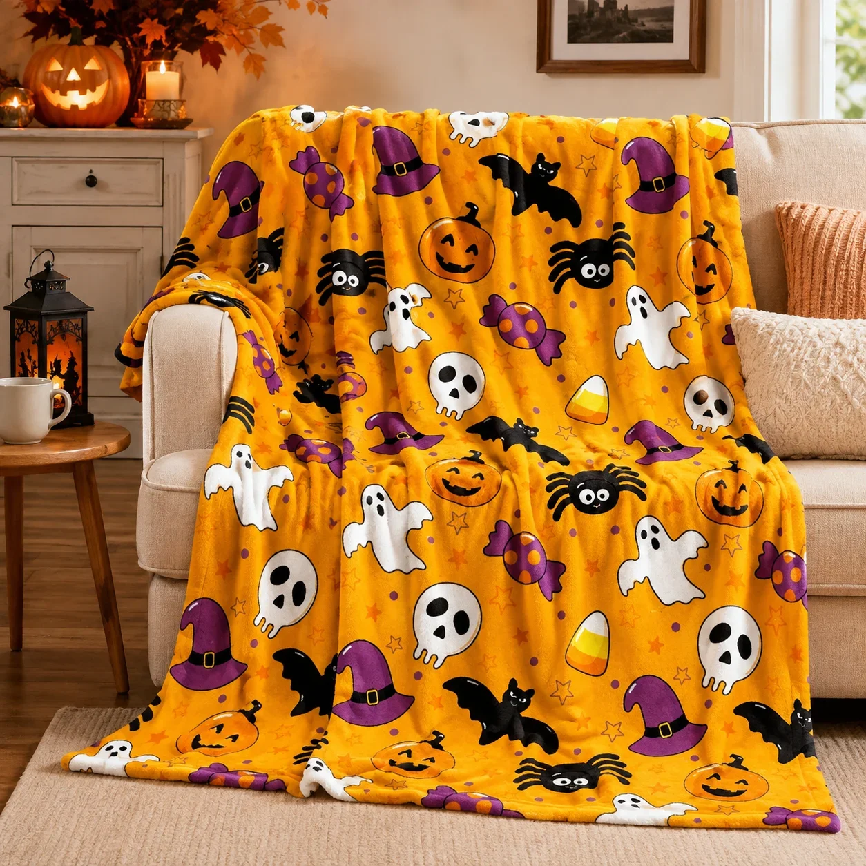 150x200cm Halloween Flannel Blanket Pumpkin Ghost Printed Soft Throw Nap Air Conditioning Sofa Bed Office Travel Couch Cover