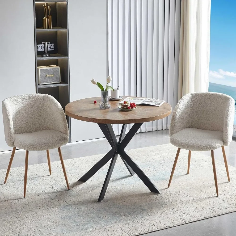 Home Kitchen Ronde eettafel met dik tafelblad en 2 gestoffeerde fauteuils, 1* ronde tafel+ 2* fauteuils,wit