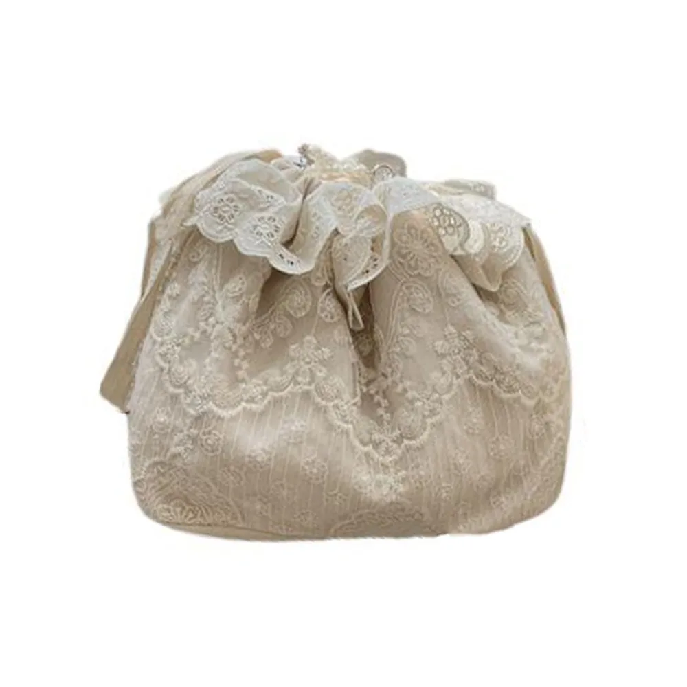 

Casual Korean Style Drawstring Lace Flower Bag Printing Sweet Small Crossbody Bag Pearls Chain Cloth Bundle Pocket Travel