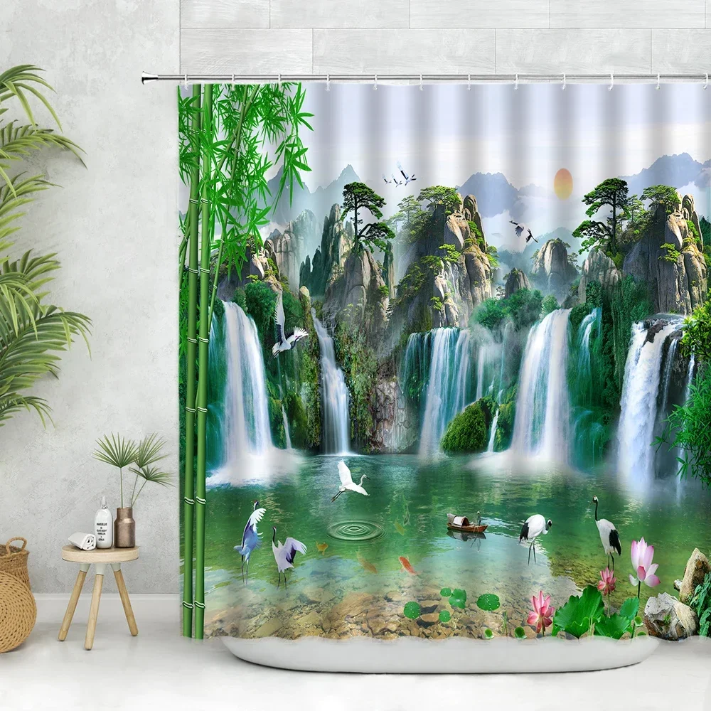 Green Tree And Mountain Waterfall Shower Curtain Chinese Style Landscape Scenery Spring Nature Home Bathroom Bathtub Curtains