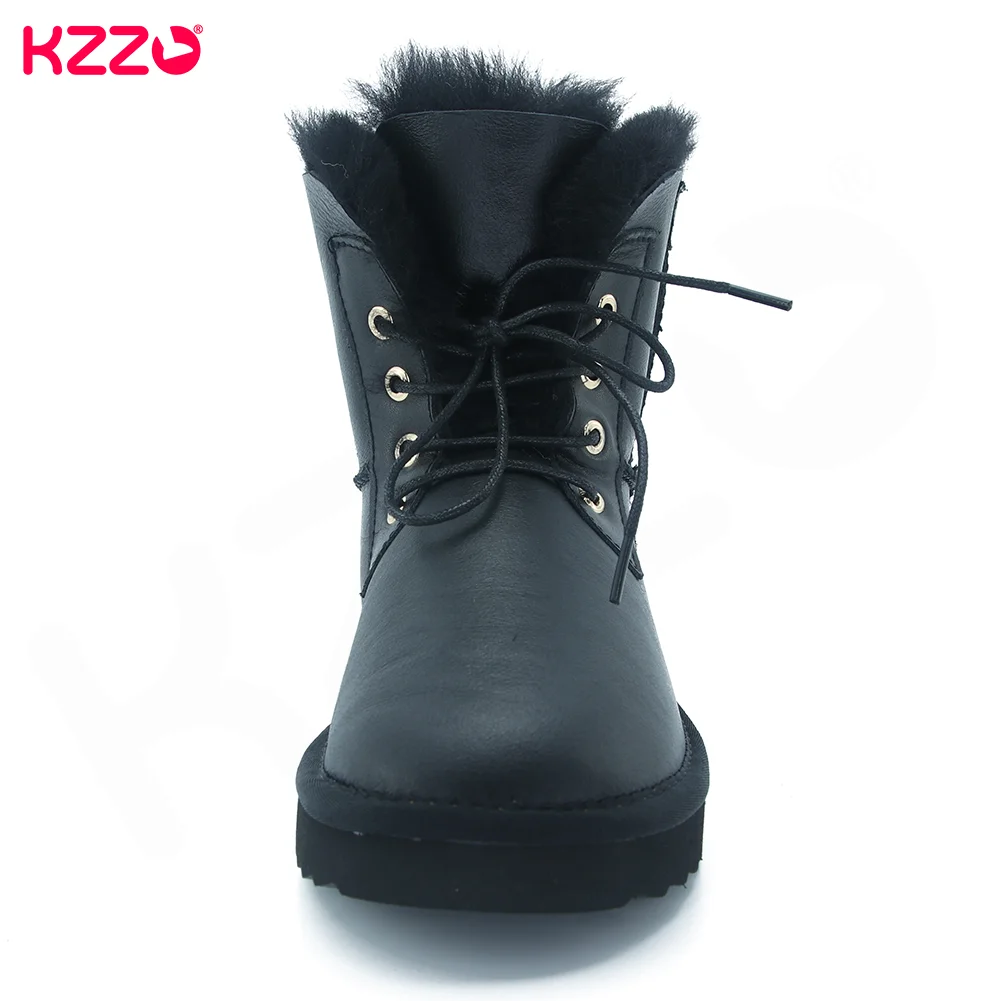 KZZO New Real Waterproof Sheepskin Leather Snow Boots Lace-up Women Mid-Calf Casual Natural Wool Fur Lined Winter Warm Shoes