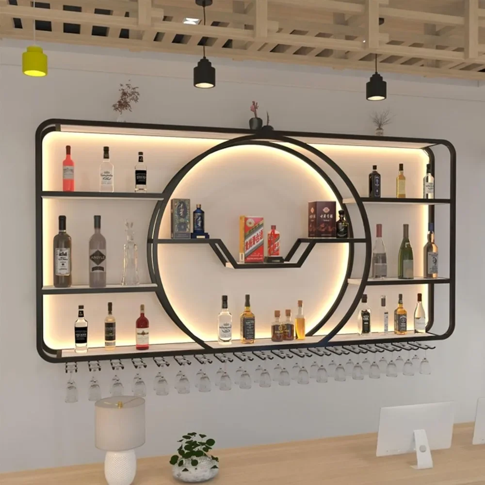 

3-Tiers Metal Wine Rack Wall Mounted Modern With LED Light With Wine Glass Holder Large Liquor Bar Display Shelf,Bar Bottle