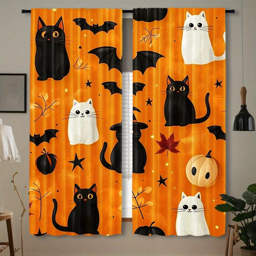 2PCS Digital Printed Curtains, Pink Bat Spider Web Pattern, Gothic Accent Style Rod Pocket Drapes for Bedroom Living Room Decor