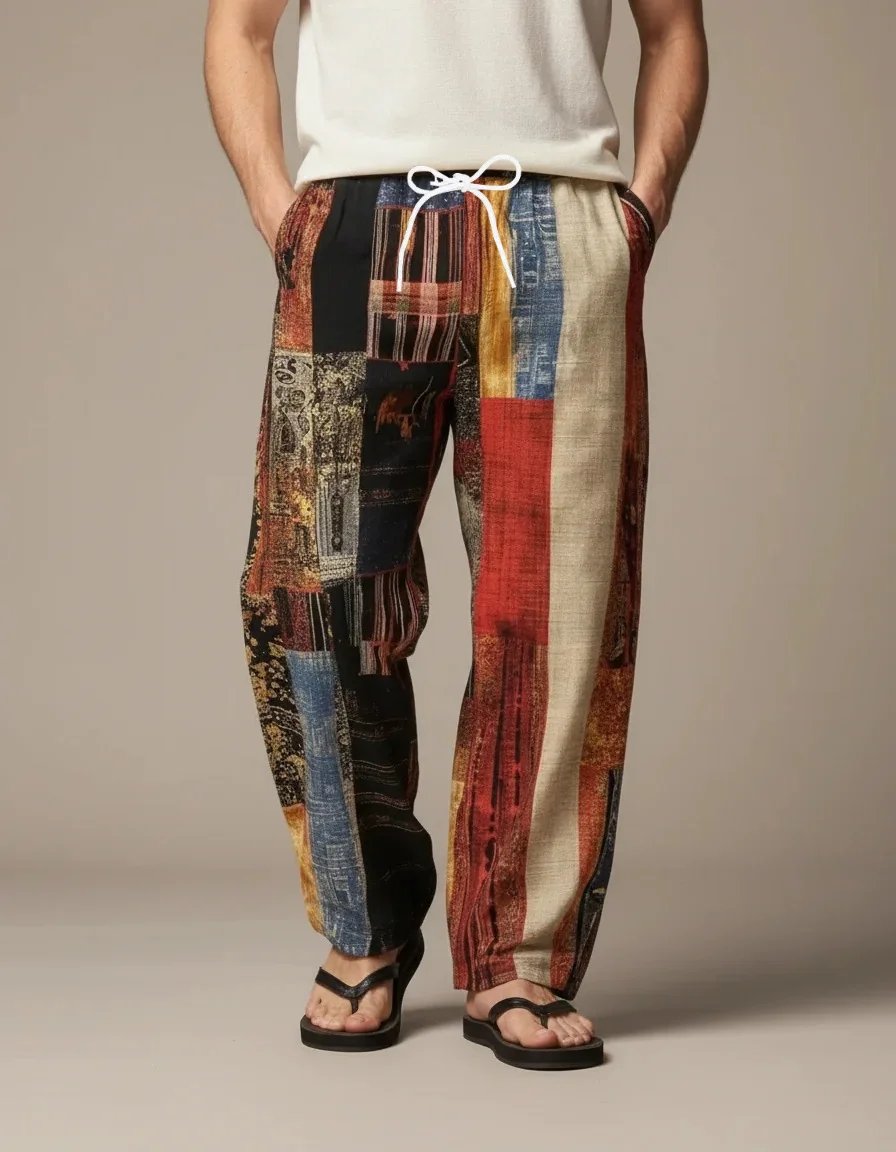 2026 Vintage Red Brown Patchwork Drawstring Casual Pants, Silky Drapey Touch for Adults and Kids Old Town Visit