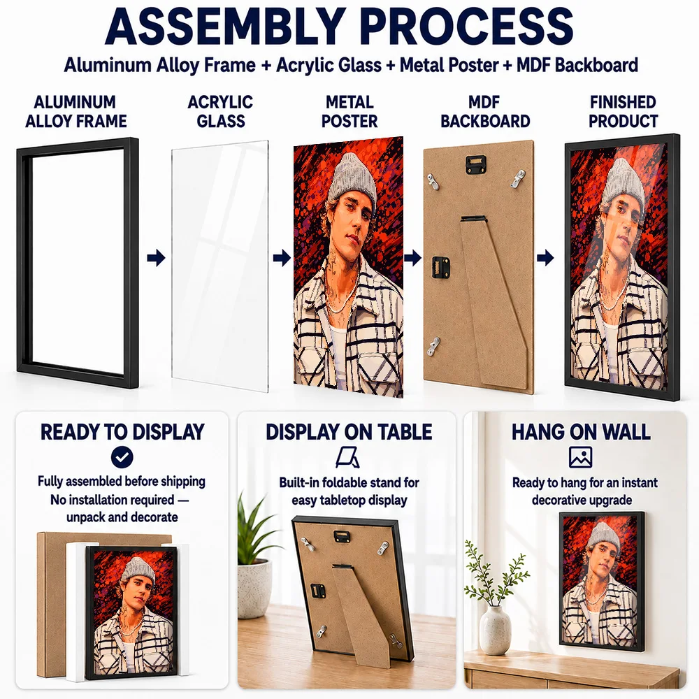 Justin Bieber Colorful Metal Poster With Aluminum Alloy Frame Personalized Photo Refined Shape Style Wall Art For Gallery Hall
